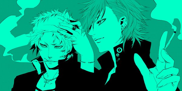 Anime picture 1000x500 with original pizaya simple background blonde hair wide image green eyes light smile multiple boys piercing mouth hold monochrome smoke hand on head open collar smoking green background boy bracelet hairband pendant