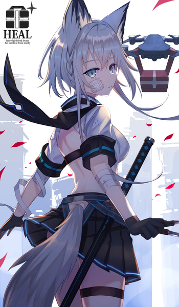 Anime picture 3500x6000 with original amahara subaru single tall image fringe highres short hair hair between eyes standing holding animal ears payot looking away absurdres silver hair tail braid (braids) animal tail pleated skirt aqua eyes