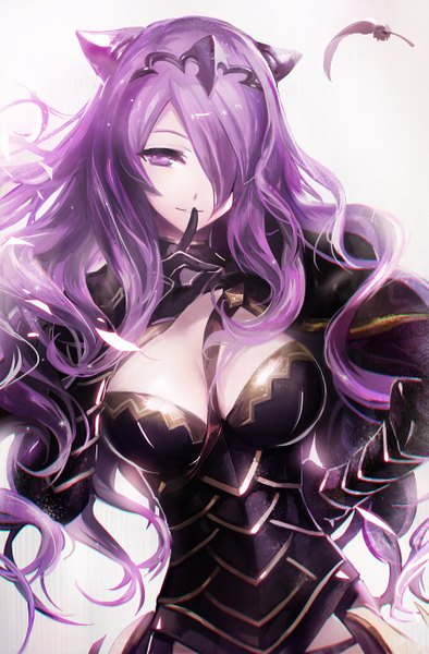 Anime picture 900x1368 with fire emblem fire emblem fates camilla (fire emblem) juexing (moemoe3345) single long hair tall image looking at viewer fringe breasts simple background white background purple eyes animal ears purple hair cat ears hair over one eye finger to mouth girl gloves