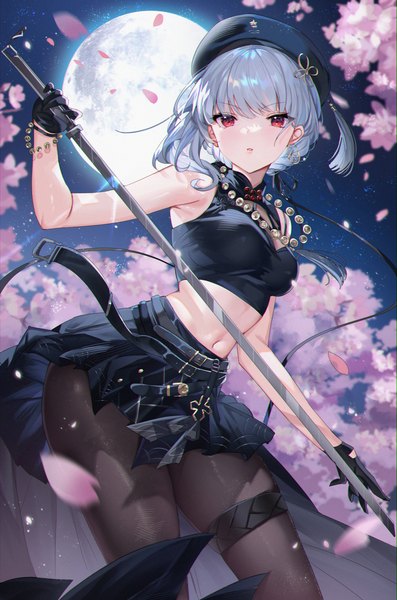 Anime-Bild 3061x4630 mit wuthering waves sanhua (wuthering waves) shanguier single tall image looking at viewer fringe highres short hair light erotic red eyes standing holding absurdres silver hair outdoors blunt bangs pleated skirt arm up night