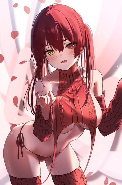 Anime picture 2704x4093 with virtual youtuber hololive houshou marine nisi ki no single long hair tall image fringe highres breasts light erotic hair between eyes large breasts twintails red hair leaning leaning forward heterochromia underboob girl