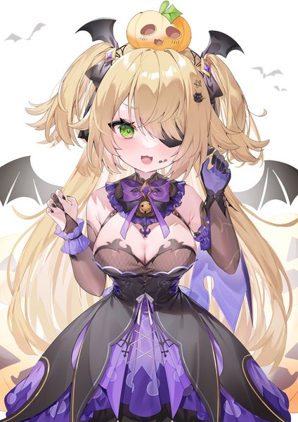 Anime picture 1860x2631 with genshin impact fischl (genshin impact) yuia single long hair tall image looking at viewer highres breasts open mouth light erotic blonde hair large breasts green eyes cleavage :d two side up halloween alternate breast size girl