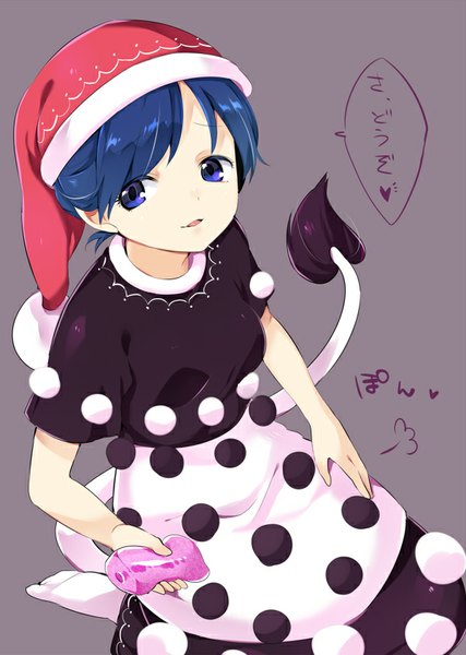 Anime picture 600x843 with touhou doremy sweet akagashi hagane single tall image looking at viewer short hair blue eyes light erotic simple background blue hair tail parted lips animal tail from above grey background fur trim text girl dress