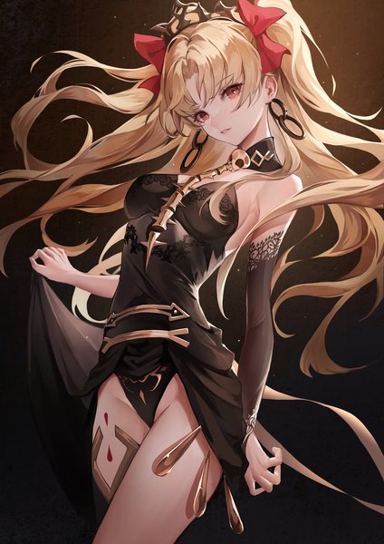 Anime picture 1448x2048 with fate (series) fate/grand order ereshkigal (fate) deadprince single long hair tall image looking at viewer blush fringe breasts light erotic simple background blonde hair red eyes standing parted lips head tilt two side up black background