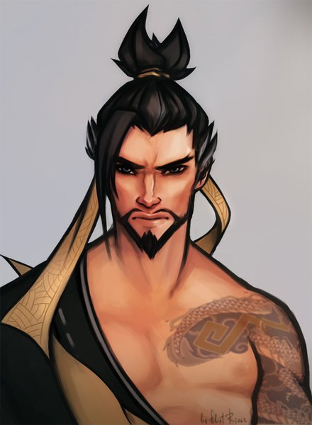 Anime picture 587x800 with overwatch blizzard entertainment hanzo (overwatch) tagme (artist) single tall image looking at viewer fringe short hair black hair simple background signed upper body ponytail grey background grey eyes tattoo eyebrows frown boy
