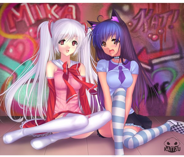 Anime picture 1000x854 with original kattzu long hair looking at viewer fringe breasts open mouth red eyes sitting twintails multiple girls brown eyes animal ears pink hair purple hair cat ears cat girl happy girl thighhighs