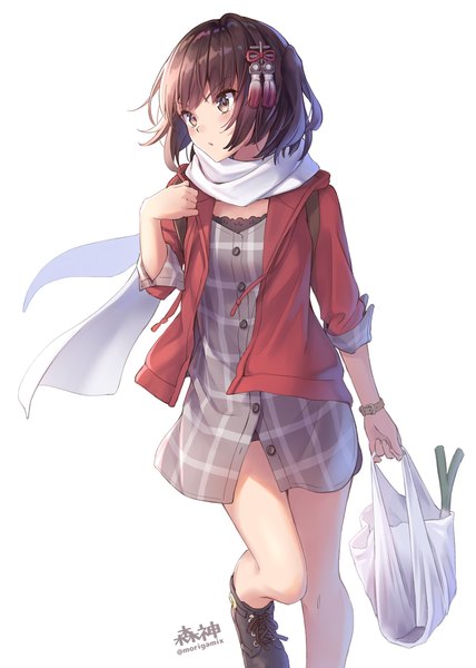 Anime picture 857x1200 with kantai collection sendai light cruiser morigami (morigami no yashiro) single tall image blush fringe short hair breasts simple background hair between eyes brown hair standing white background holding brown eyes signed looking away bent knee (knees) long sleeves