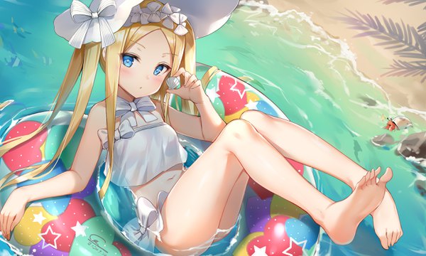 Anime picture 2500x1500 with fate (series) fate/grand order abigail williams (fate) abigail williams (swimsuit foreigner) (fate) ginn (hzh770121) single long hair looking at viewer blush fringe highres open mouth blue eyes light erotic blonde hair wide image twintails signed payot full body