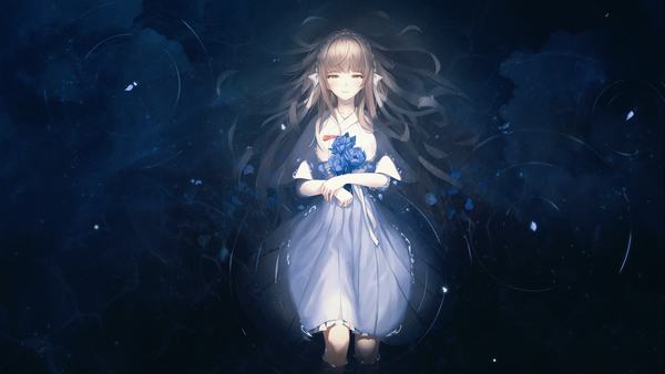 Anime picture 2560x1440 with original dpin single long hair looking at viewer fringe highres brown hair wide image holding payot blunt bangs from above grey eyes tears partially submerged frilled dress crying sad ripples