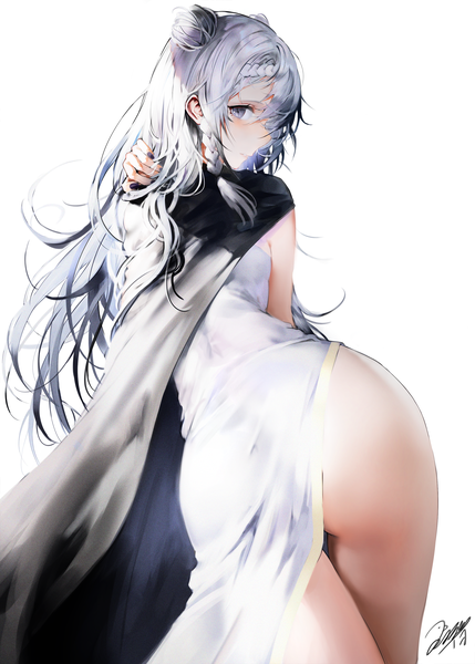 Anime picture 2145x3000 with original iori (cpeilad) single long hair tall image looking at viewer blush fringe highres light erotic simple background hair between eyes standing white background signed silver hair ass braid (braids) traditional clothes profile