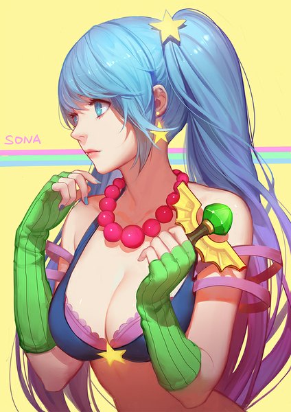Anime picture 700x990 with league of legends sona buvelle arcade sona (league of legends) ask (askzy) single long hair tall image fringe light erotic twintails holding looking away cleavage nail polish multicolored hair aqua eyes fingernails lips aqua hair midriff
