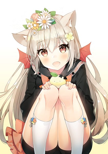 Anime picture 800x1138 with original ayami (annahibi) single long hair tall image looking at viewer blush fringe open mouth light erotic simple background smile hair between eyes brown eyes animal ears hair flower fingernails grey hair cat ears gradient background