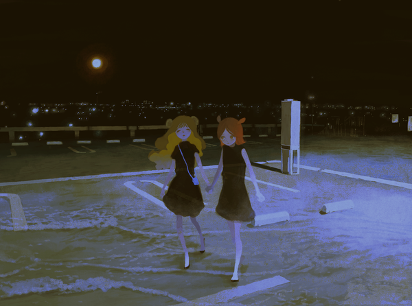 Anime picture 2048x1521 with original azigashimitoru long hair highres short hair blonde hair red eyes multiple girls animal ears full body outdoors red hair eyes closed horn (horns) holding hands walking city lights transparent girl dress