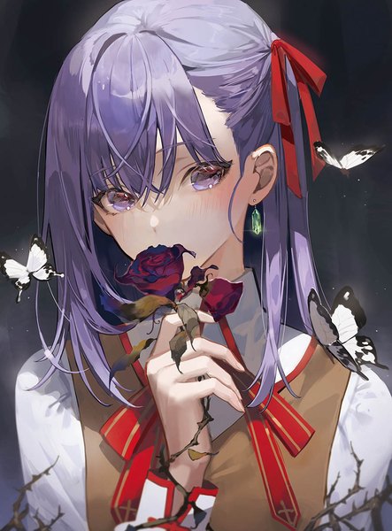 Anime picture 900x1220 with fate (series) fate/stay night matou sakura chyoel single long hair tall image fringe hair between eyes purple eyes looking away purple hair upper body head tilt covered mouth girl flower (flowers) ribbon (ribbons) hair ribbon rose (roses)