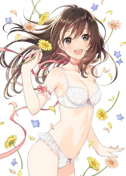 Anime picture 2591x3624 with original morikura en single long hair tall image looking at viewer fringe highres breasts open mouth light erotic simple background smile hair between eyes brown hair standing white background bare shoulders holding brown eyes