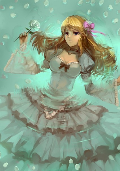 Anime picture 800x1131 with original charimei single long hair tall image blue eyes blonde hair looking away ophelia's pose girl dress hair ornament flower (flowers) petals choker water rose (roses) blue dress white rose