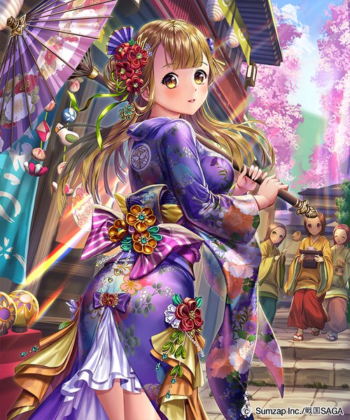 Anime picture 833x1000 with sengoku saga esphy long hair tall image looking at viewer blush brown hair multiple girls yellow eyes cloud (clouds) outdoors traditional clothes japanese clothes looking back light smile sunlight solo focus multicolored girl hair ornament