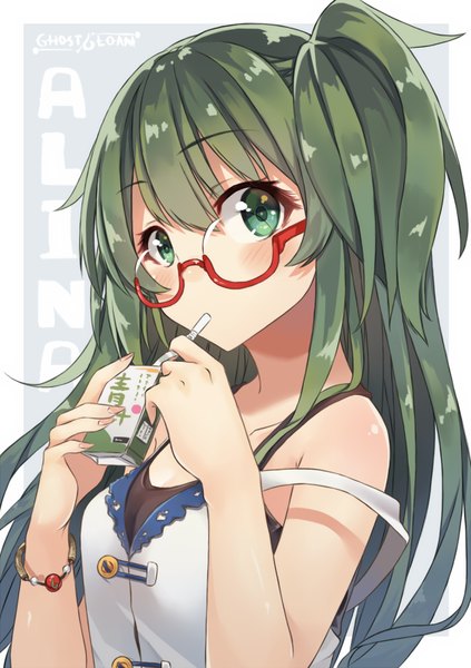 Anime picture 565x800 with ghost loan alina constantina hack waltz single long hair tall image looking at viewer blush fringe simple background hair between eyes holding green eyes upper body nail polish fingernails green hair grey background copyright name character names