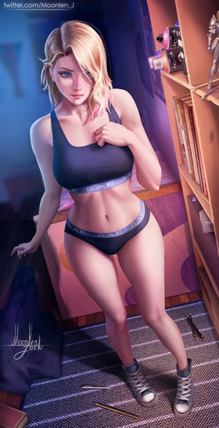 Anime picture 1790x3500 with marvel comics spider-man (series) spider-man: into the spider-verse gwen stacy spider-gwen moonlen-jack single tall image fringe highres short hair breasts blue eyes light erotic blonde hair standing signed looking away full body indoors
