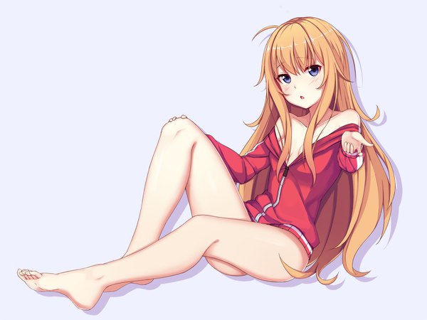 Anime picture 1333x1000 with gabriel dropout doga kobo tenma gabriel white huan (hao7551789) single long hair looking at viewer blush fringe light erotic simple background blonde hair sitting purple eyes bare shoulders full body barefoot off shoulder bare legs outstretched hand