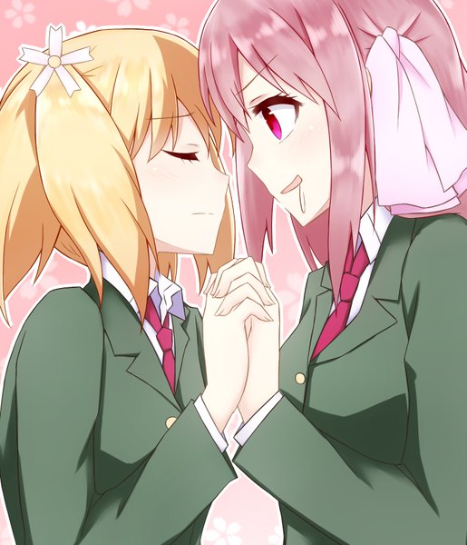 Anime picture 1417x1650 with sakura trick studio deen takayama haruka sonoda yuu nikitan long hair tall image short hair open mouth blonde hair red eyes twintails multiple girls pink hair eyes closed hair flower couple holding hands short twintails shoujo ai
