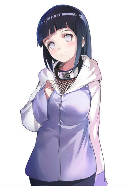 Anime picture 578x816 with naruto studio pierrot naruto (series) hyuuga hinata shirabi single long hair tall image looking at viewer blush fringe breasts black hair simple background smile standing white background blunt bangs head tilt light smile