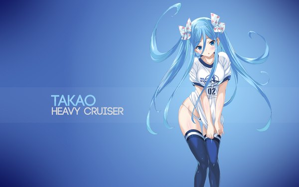Anime picture 1920x1200 with aoki hagane no arpeggio takao (aoki hagane no arpeggio) assassinwarrior mutsumi masato single long hair looking at viewer blush highres blue eyes light erotic simple background standing twintails blue hair leaning leaning forward blue background adjusting clothes adjusting legwear