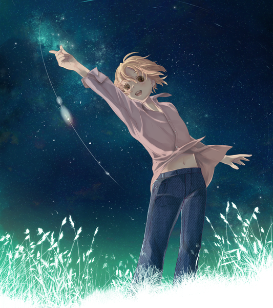 Anime picture 2000x2250 with shiki mutou tohru saki (little crown) single tall image highres short hair open mouth blonde hair brown eyes sky night night sky pointing milky way boy navel plant (plants) shirt star (stars)