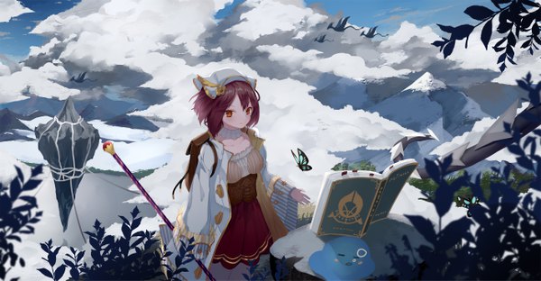 Anime picture 5184x2700 with atelier (series) atelier sophie gust (company) sophie neuenmuller .l.l single blush fringe highres short hair smile wide image standing holding brown eyes looking away absurdres sky cloud (clouds) outdoors