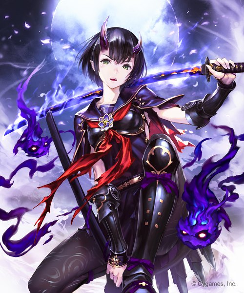 Anime picture 1000x1200 with shingeki no bahamut tsubaki (shingeki no bahamut) hisakata souji single tall image looking at viewer fringe short hair open mouth light erotic black hair hair between eyes holding green eyes cloud (clouds) full body horn (horns) fang (fangs) kneeling watermark