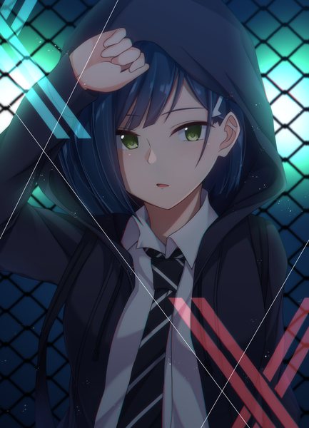 Anime picture 1786x2473 with darling in the franxx studio trigger ichigo (darling in the franxx) kurousagi yuu single tall image looking at viewer blush fringe highres short hair open mouth green eyes blue hair upper body arm up open jacket hand on head against fence girl