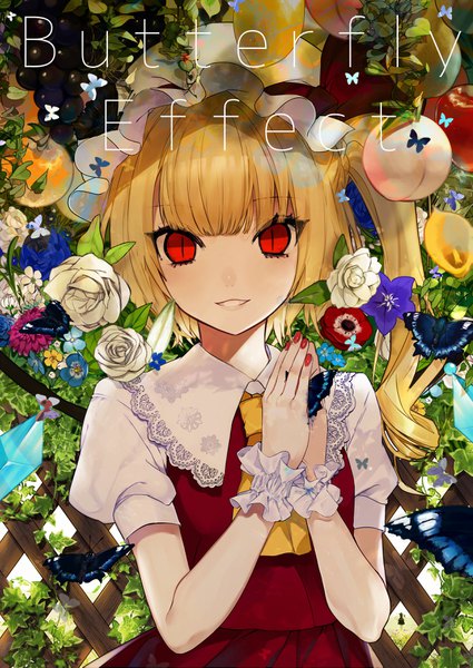 Anime-Bild 2507x3541 mit touhou flandre scarlet renkarua single long hair tall image looking at viewer fringe highres blonde hair red eyes upper body nail polish parted lips puffy sleeves one side up slit pupils hands clasped red nail polish girl