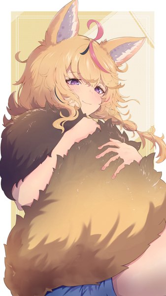 Anime picture 2160x3840 with virtual youtuber hololive omaru polka aoi eno single long hair tall image looking at viewer fringe highres blonde hair smile hair between eyes purple eyes animal ears ahoge tail animal tail multicolored hair streaked hair