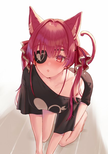 Anime picture 954x1350 with virtual youtuber hololive houshou marine oekakikei single long hair tall image blush fringe hair between eyes red eyes twintails animal ears looking away red hair tail animal tail cat ears :o cat girl