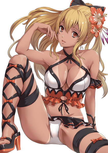 Anime picture 800x1131 with granblue fantasy vira lilie sakiyamama single long hair tall image looking at viewer breasts light erotic blonde hair red eyes bare shoulders hair flower legs tan tan lines girl hair ornament flower (flowers) bow