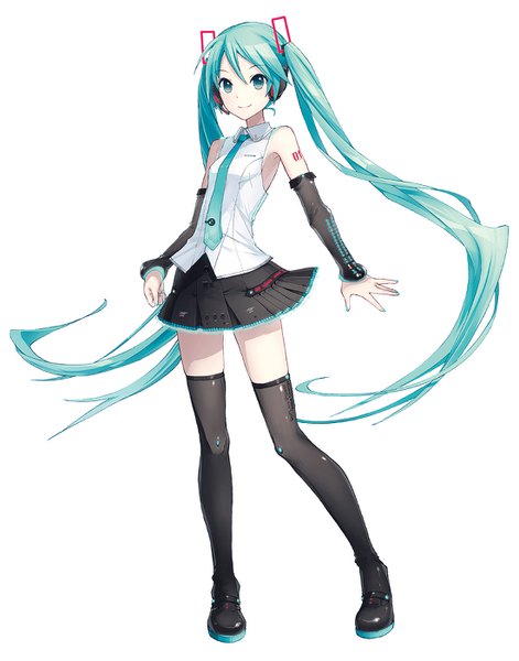 Anime picture 1100x1400 with vocaloid hatsune miku hatsune miku (vocaloid4) ixima single tall image looking at viewer fringe simple background smile hair between eyes white background twintails bare shoulders full body very long hair nail polish pleated skirt aqua eyes aqua hair