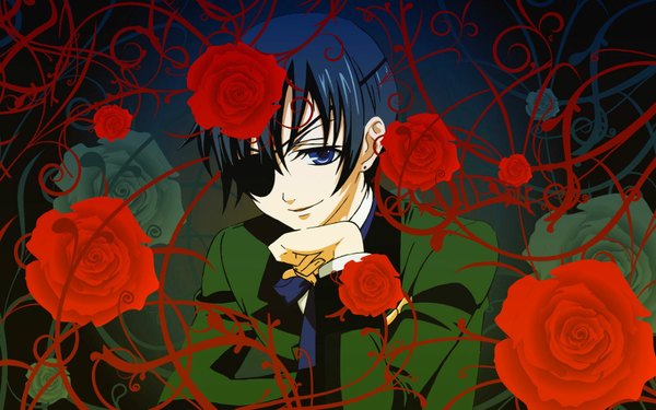 Anime picture 1600x1000 with kuroshitsuji a-1 pictures ciel phantomhive single looking at viewer short hair blue eyes black hair smile wide image boy flower (flowers) bowtie rose (roses) eyepatch suit