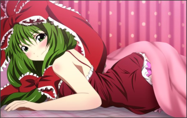 Anime picture 2039x1292 with touhou kagiyama hina yadokari genpachirou single long hair looking at viewer blush highres green eyes lying green hair girl dress bow hair bow frills