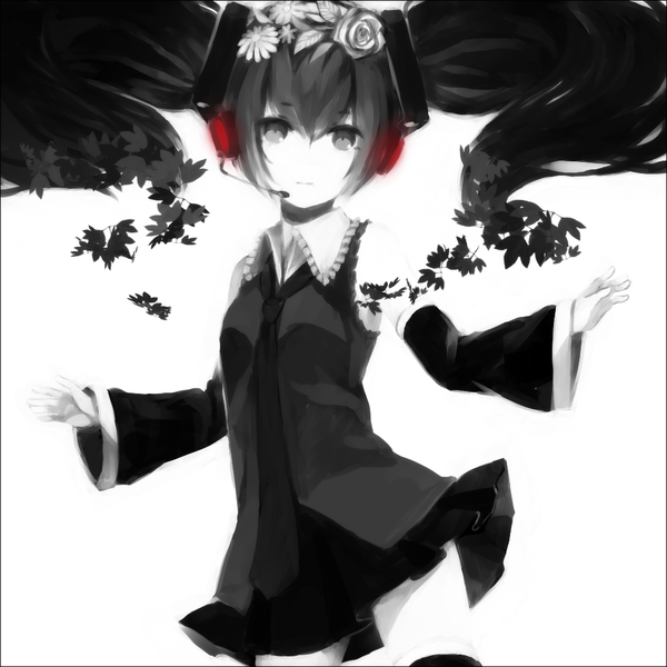Anime picture 1000x1000 with vocaloid nisoku hokou (vocaloid) hatsune miku single black hair simple background white background twintails hair flower black eyes monochrome pale skin girl skirt hair ornament flower (flowers) detached sleeves shirt necktie headphones