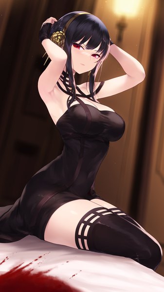 Anime picture 900x1600 with spy x family yor briar cait single long hair tall image looking at viewer breasts light erotic black hair red eyes large breasts sitting cleavage armpit (armpits) sleeveless arms behind head girl thighhighs dress