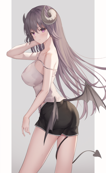 Anime-Bild 4000x6500 mit original shuvi (shuvi1125) single long hair tall image looking at viewer blush fringe highres breasts simple background smile hair between eyes large breasts standing absurdres tail pink eyes arm up horn (horns)