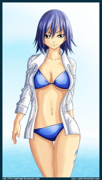 Anime picture 709x1249 with fairy tail juvia lockser law67 single tall image short hair light erotic smile blue hair sky cloud (clouds) black eyes open clothes tattoo open shirt coloring framed girl navel swimsuit