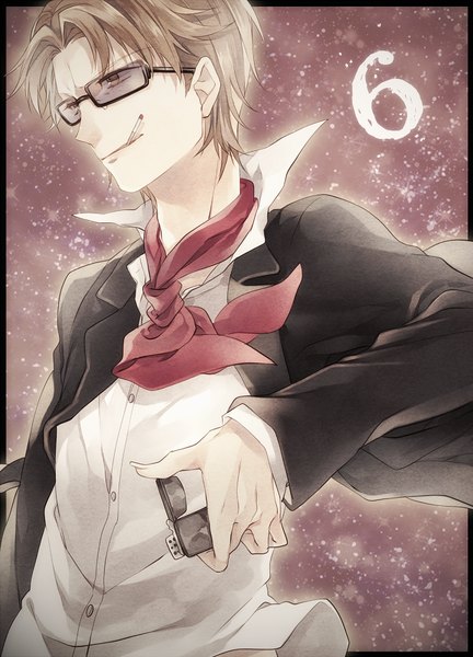 Anime picture 721x1000 with k-project gohands (studio) kusanagi izumo rico (fbn3) single tall image brown hair holding brown eyes looking away mouth hold smoke smoking boy shirt glasses cigarette lighter