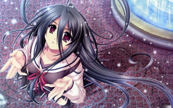 Anime picture 1920x1200 with g senjou no maou single fringe highres black hair hair between eyes red eyes wide image game cg ahoge very long hair parted lips arm up from above floating hair snowing looking up girl uniform school uniform