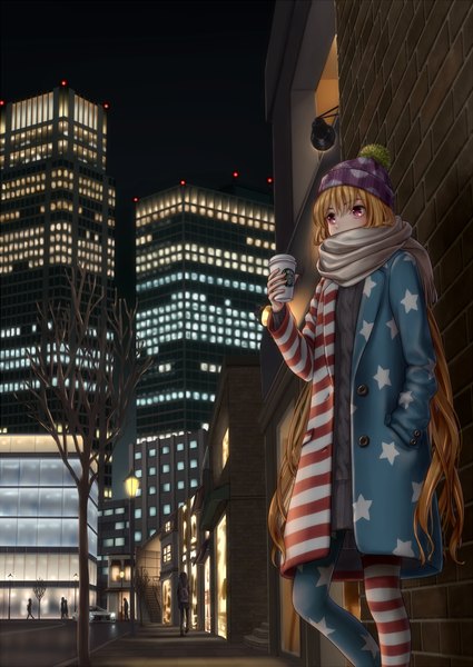 Anime picture 850x1201 with touhou clownpiece junko (touhou) torinari (dtvisu) single long hair tall image fringe blonde hair hair between eyes standing looking away sky outdoors long sleeves pink eyes night night sky city winter