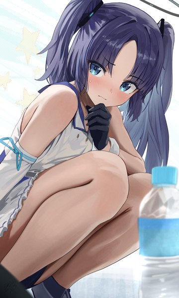 Anime picture 1800x3000 with blue archive yuuka (blue archive) hidulume single long hair tall image looking at viewer blush highres blue eyes light erotic purple hair bare legs two side up official alternate costume squat girl gloves detached sleeves black gloves