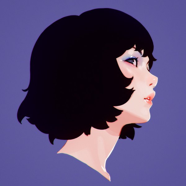 Anime picture 1080x1080 with original ilya kuvshinov single looking at viewer fringe short hair black hair simple background parted lips lips black eyes portrait eyeshadow makeup purple background girl