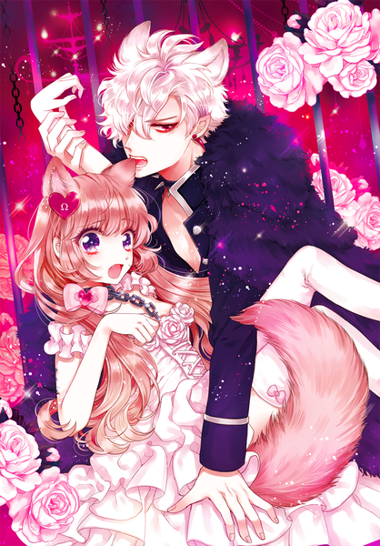 Anime picture 800x1149 with abigaile no kemono-tachi tsukishiro nina roy (abigaile no kemono-tachi) naki ringo long hair tall image fringe short hair open mouth red eyes brown hair purple eyes animal ears white hair tail animal tail hair over one eye frilled dress lacing wolf ears