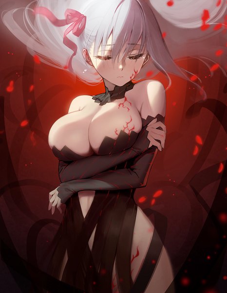 Anime picture 1200x1542 with fate (series) fate/stay night heaven's feel type-moon matou sakura dark sakura siino single long hair tall image fringe breasts light erotic hair between eyes red eyes large breasts bare shoulders cleavage silver hair tears