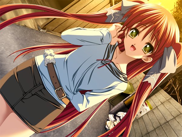 Anime picture 1200x900 with hidamari (game) green eyes game cg red hair very long hair girl skirt miniskirt